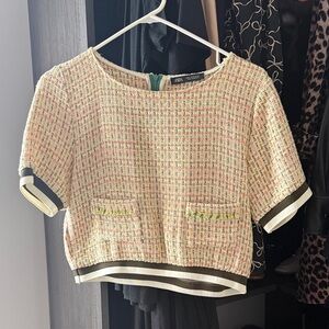 Zara Cream Tweed Short Sleeve Top with Multicolor Accents